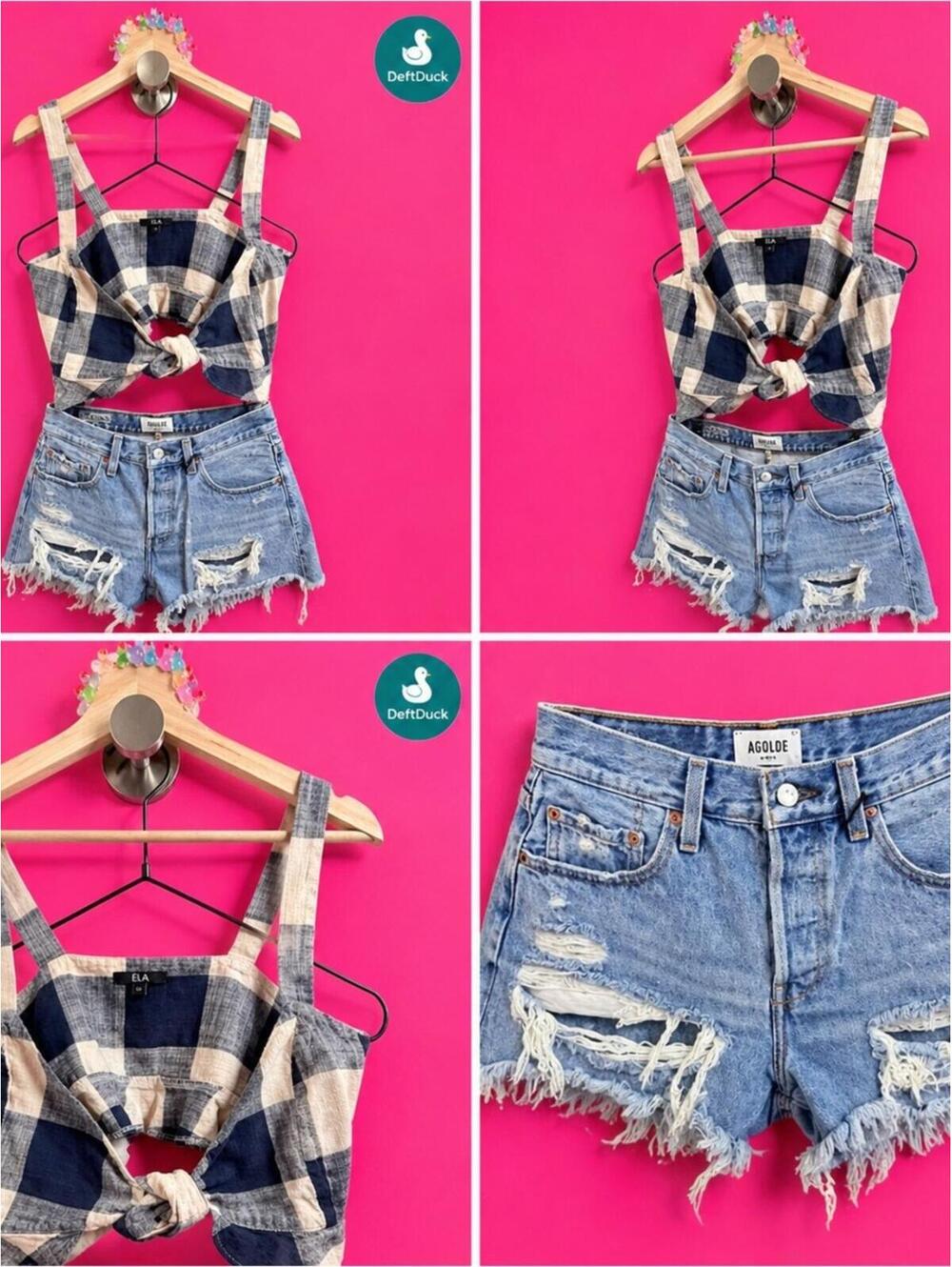 Agolde Navy and Cream Plaid Tie-Front Crop Top